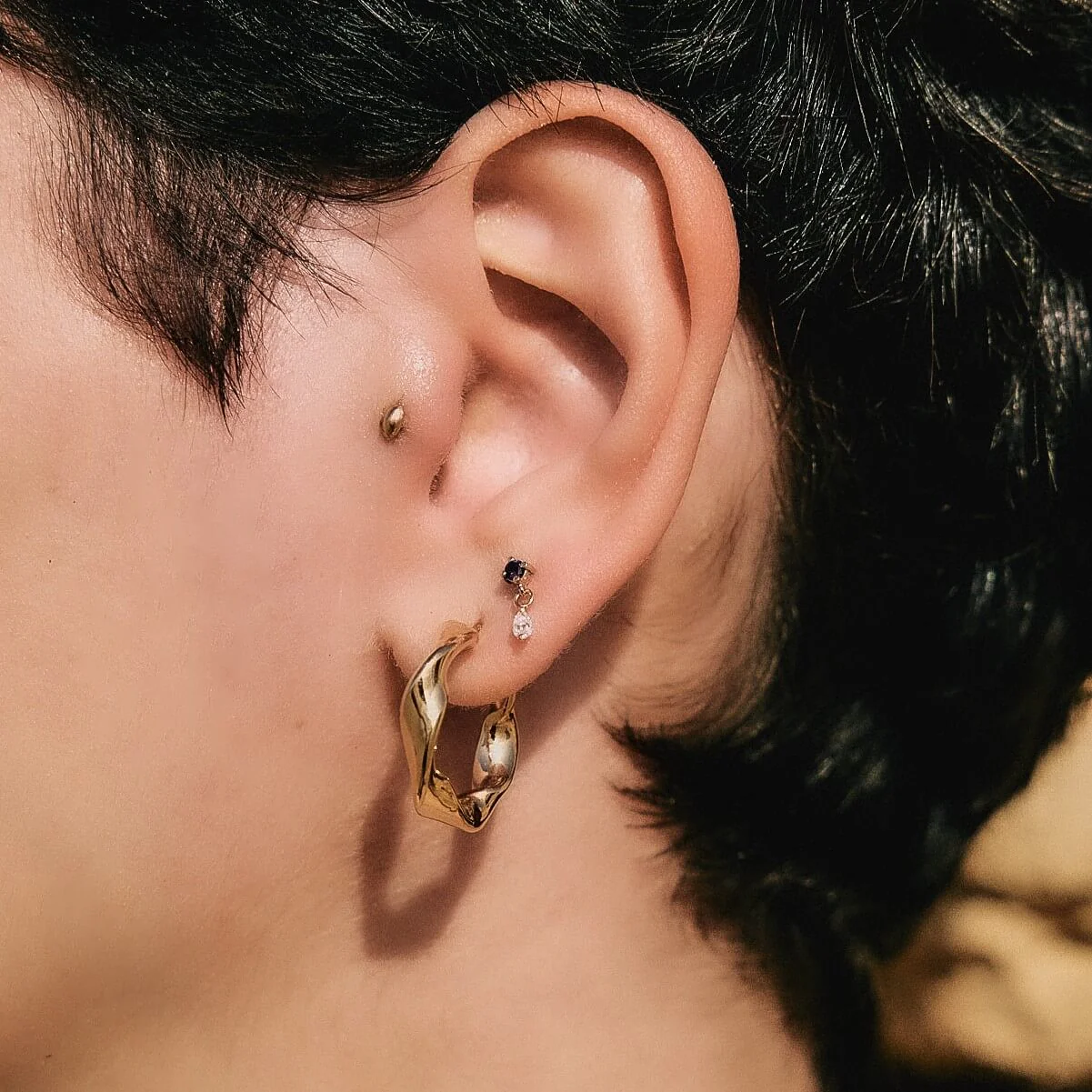 עגילי אואזיס צמודים אבן חן ויהלום מעבדה זהב 14K - Image 6